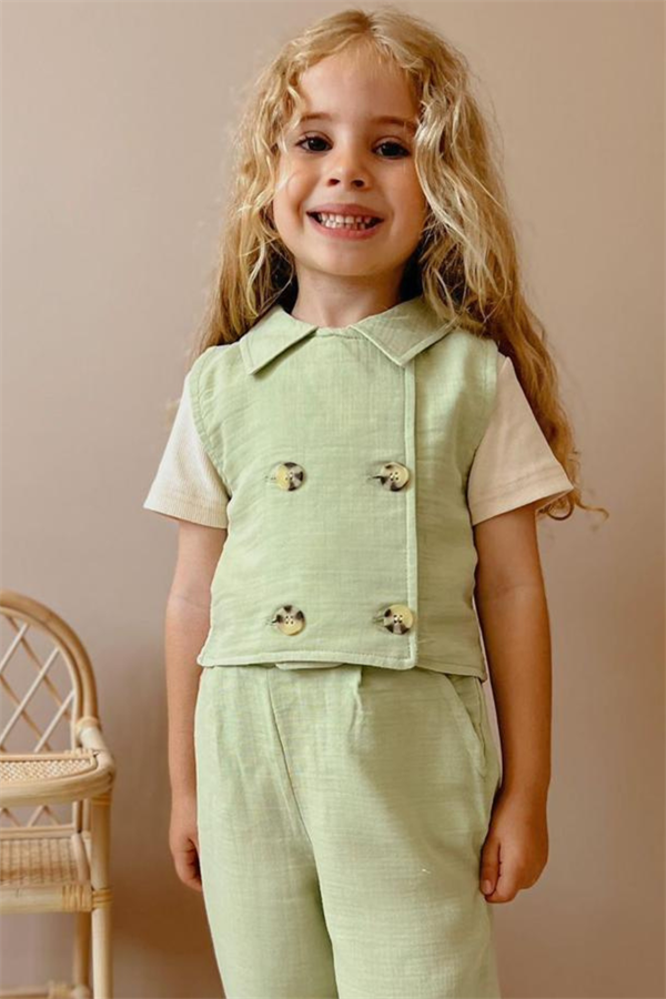 Kız Çocuk 3 Parça Yeşil Müslin Takım