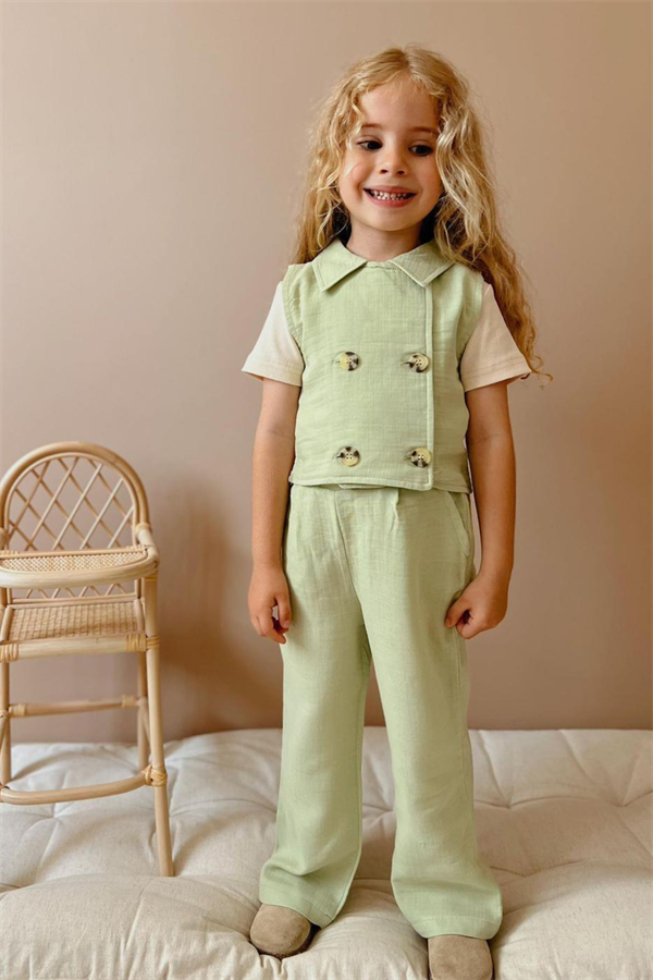 Kız Çocuk 3 Parça Yeşil Müslin Takım