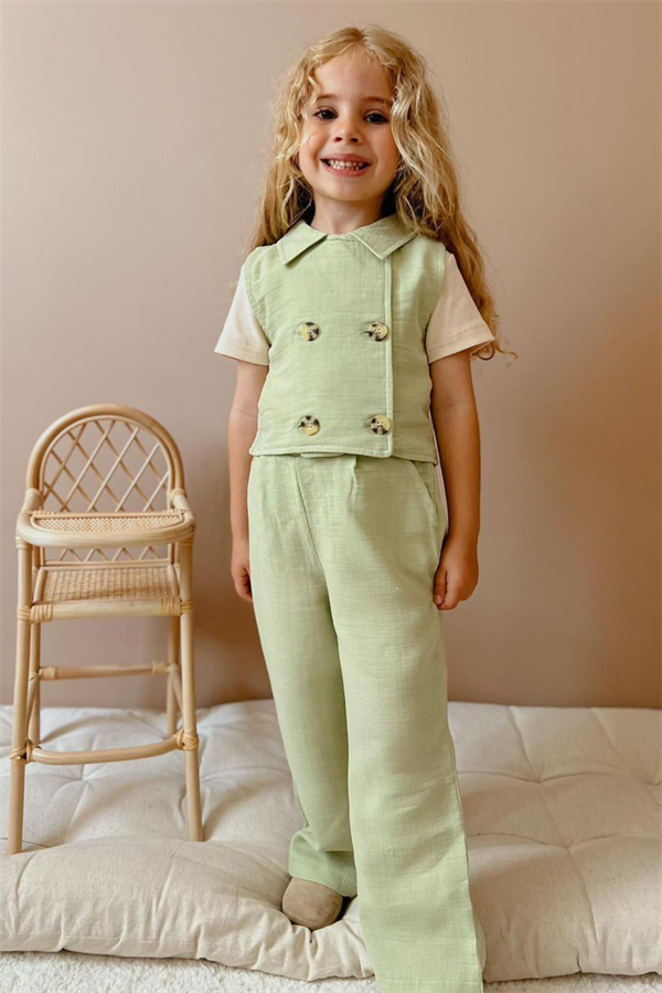 Kız Çocuk 3 Parça Yeşil Müslin Takım