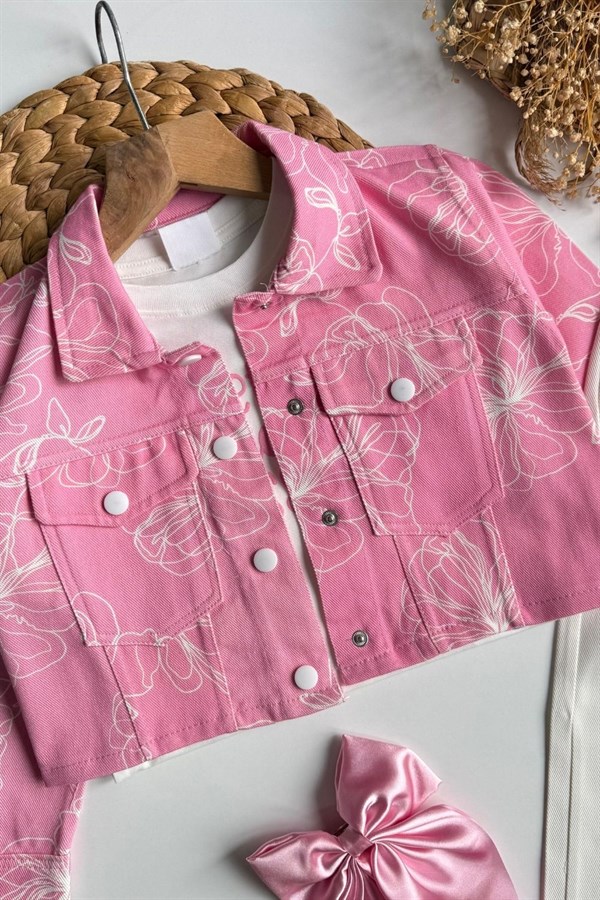 Kız Çocuk 3lü Denim Tshirt Dahil Çiçekli Pembe Takım