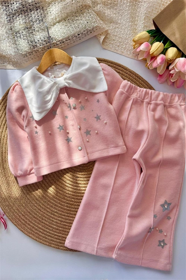 Kız Çocuk 3lü Yıldızlı Gömlek Pantolon Hırka  Pembe Triko Takım