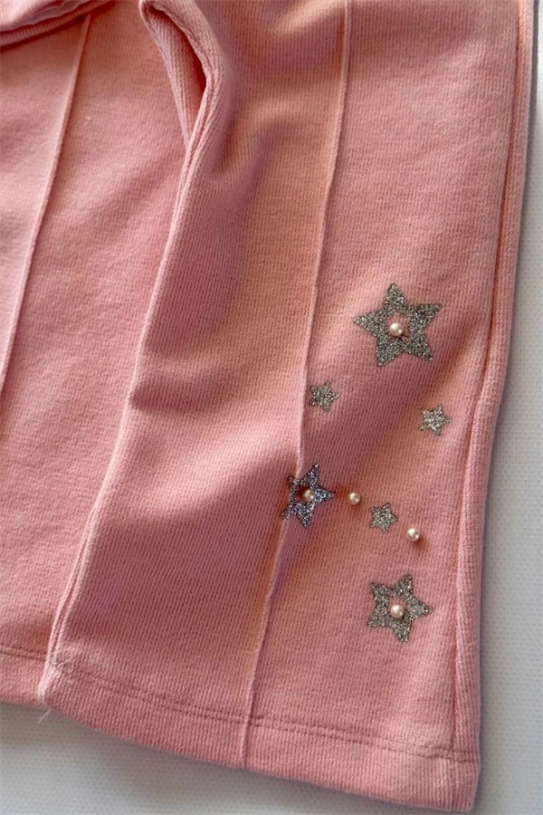 Kız Çocuk 3lü Yıldızlı Gömlek Pantolon Hırka  Pembe Triko Takım