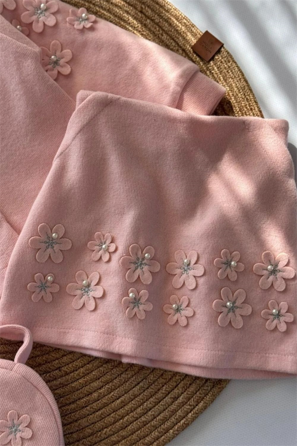 Kız Çocuk 4lü Çantalı Hırka Gömlek Etek Pembe Triko Takım