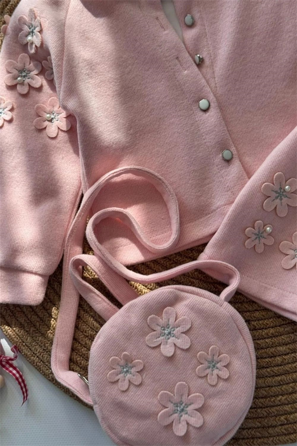 Kız Çocuk 4lü Çantalı Hırka Gömlek Etek Pembe Triko Takım