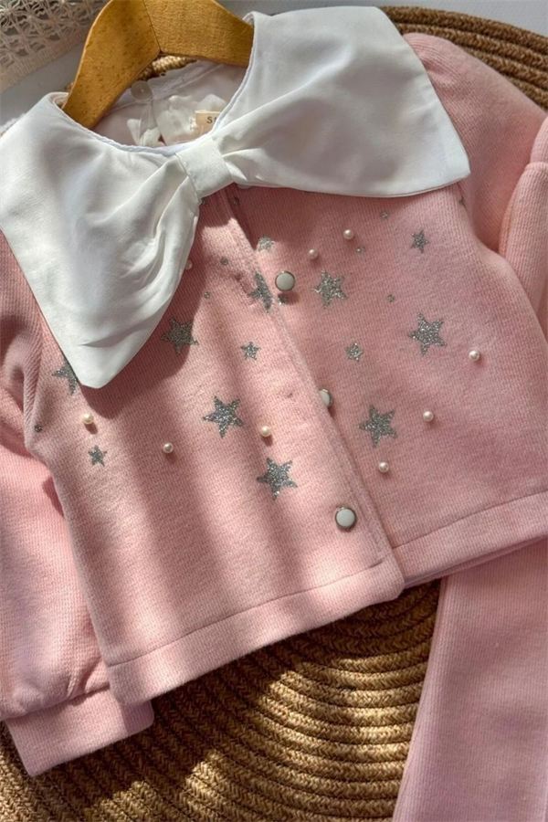 Kız Çocuk 4lü Çantalı Hırka Gömlek Etek Pembe Triko Takım