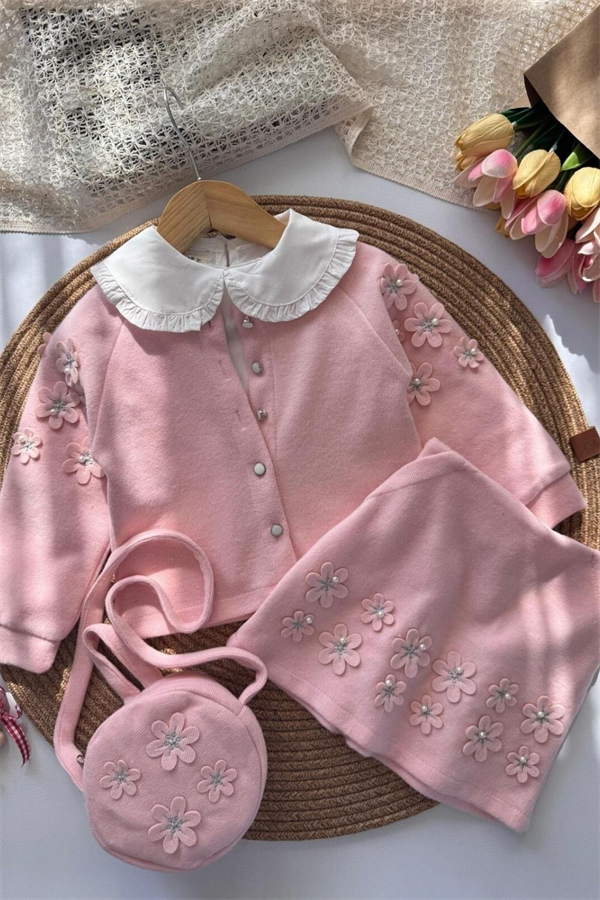 Kız Çocuk 4lü Çantalı Hırka Gömlek Etek Pembe Triko Takım