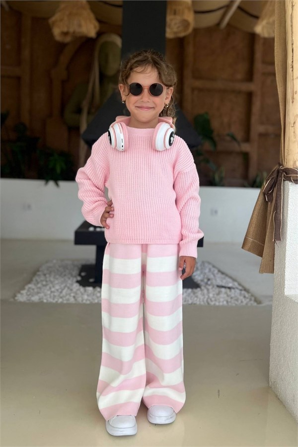 Kız Çocuk Arkası Fiyonklu Pembe Triko Takım