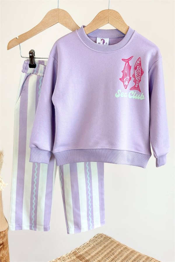 Kız Çocuk Balıklı Lila Gabardin Pantolon Takım