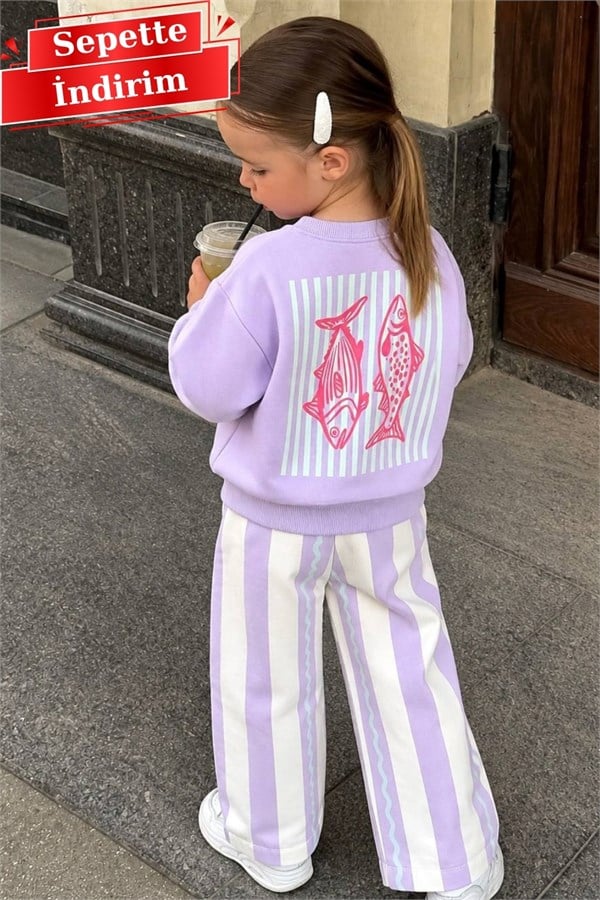 Kız Çocuk Balıklı Lila Gabardin Pantolon Takım