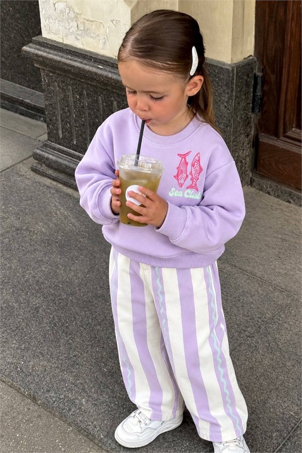 Kız Çocuk Balıklı Lila Gabardin Pantolon Takım