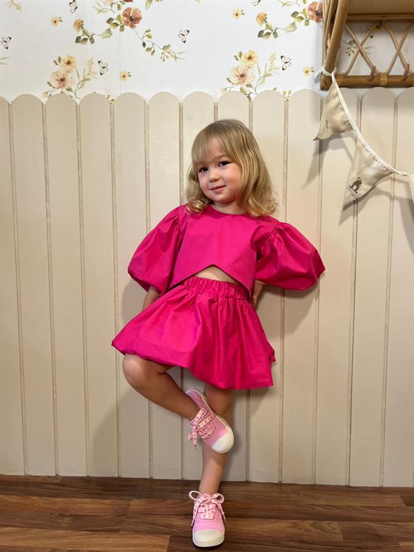 Kız Çocuk Balon Kol Etekli Fuşya Takım   