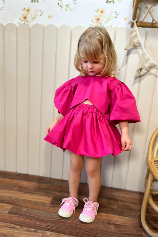 Kız Çocuk Balon Kol Etekli Fuşya Takım   