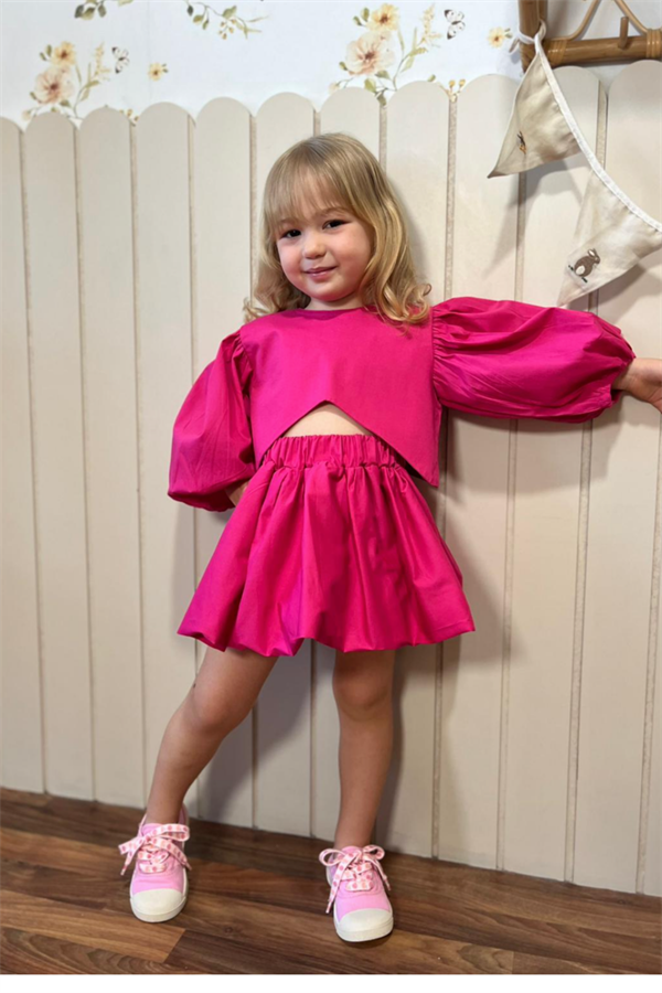 Kız Çocuk Balon Kol Etekli Fuşya Takım   