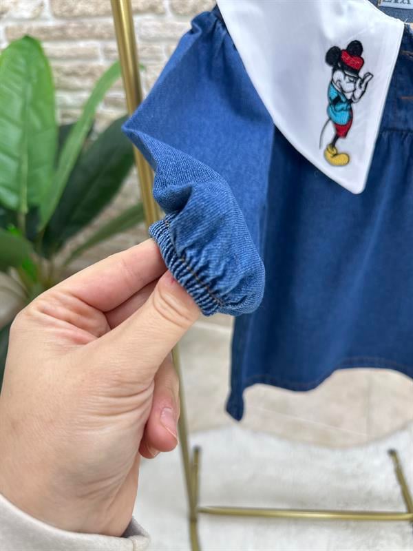 Kız Çocuk Bebe Yakalı Nakışlı Kot Elbise