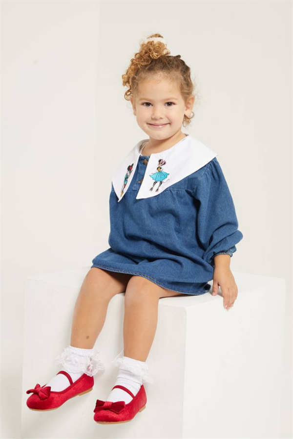 Kız Çocuk Bebe Yakalı Nakışlı Kot Elbise