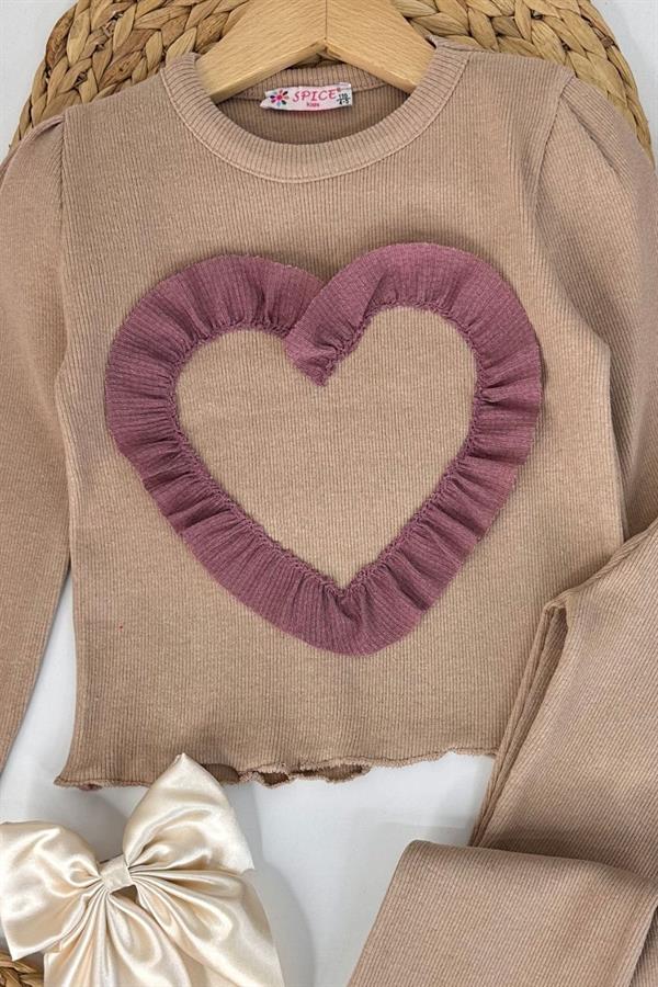 Kız Çocuk Bej Kalpli Taytlı Takım