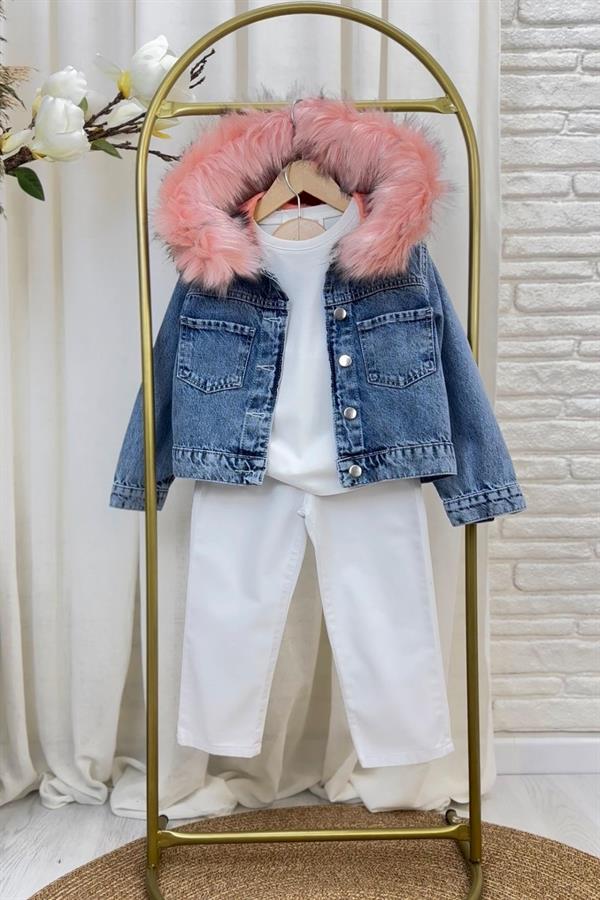 Kız Çocuk Beyaz Kalpli Jean Pantolon