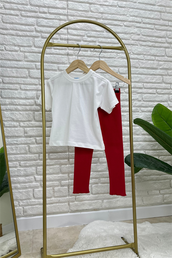 Kız Çocuk Beyaz Tshirt & Kırmızı Tayt Takım