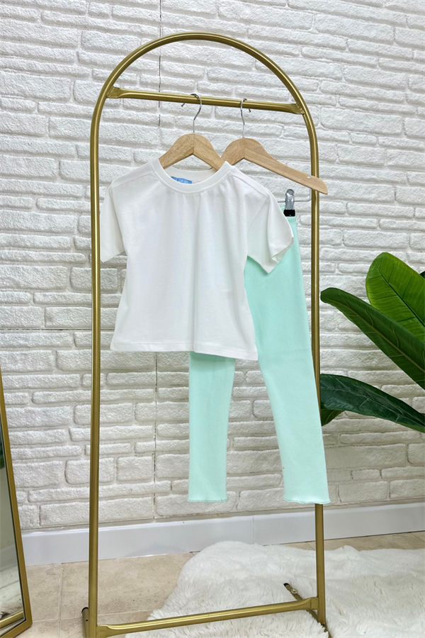 Kız Çocuk Beyaz Tshirt & Mint Tayt Takım