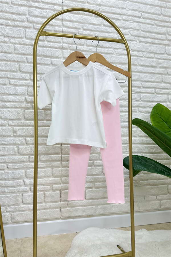 Kız Çocuk Beyaz Tshirt & Pembe Tayt Takım