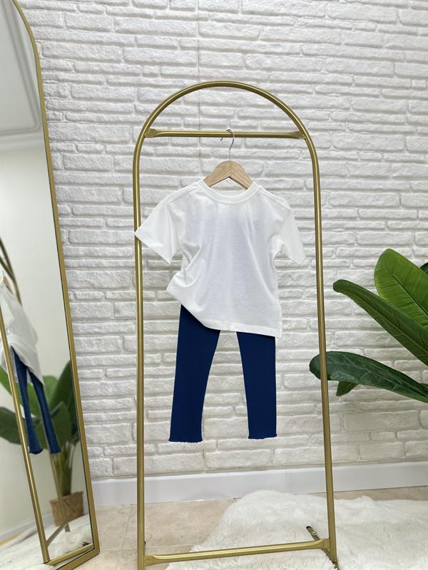 Kız Çocuk Beyaz Tshirt & Saks Tayt Takım