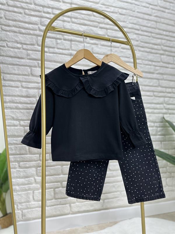 Kız Çocuk Bluz & Taşlı Siyah Jean Takım