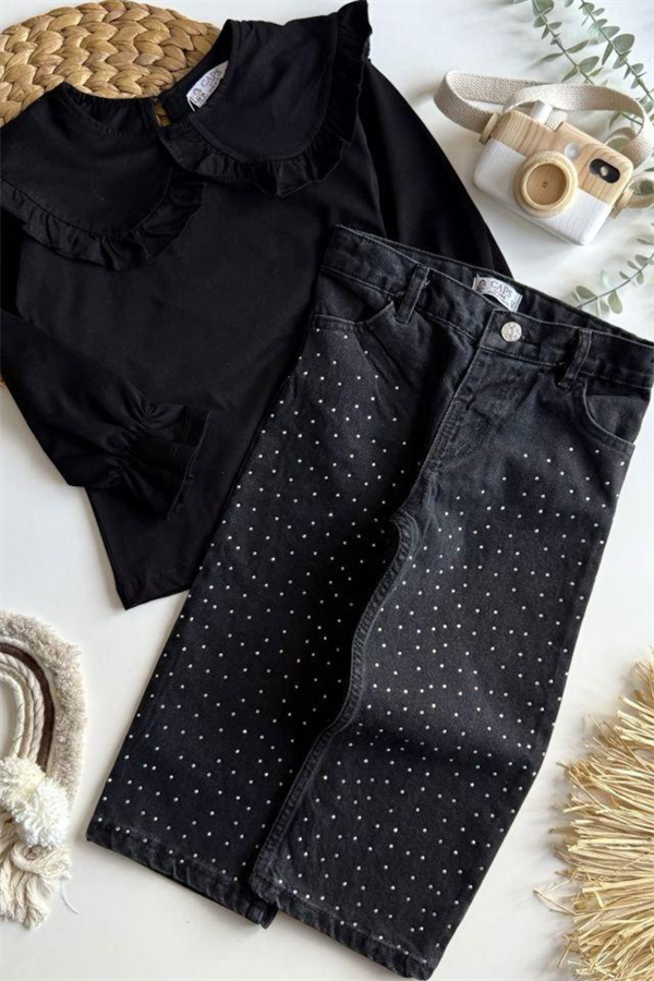 Kız Çocuk Bluz & Taşlı Siyah Jean Takım