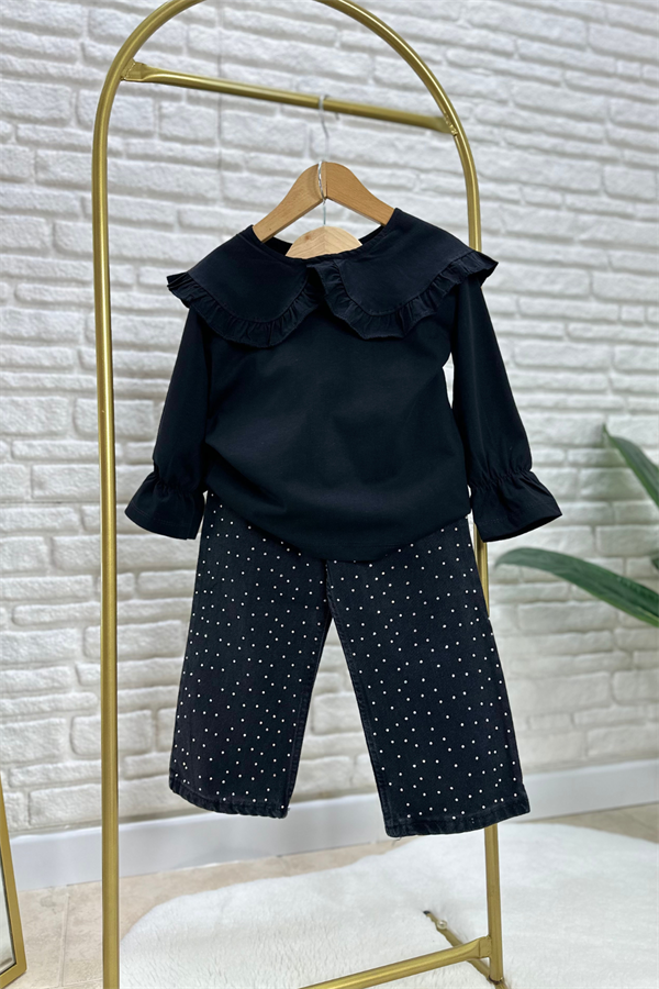 Kız Çocuk Bluz & Taşlı Siyah Jean Takım