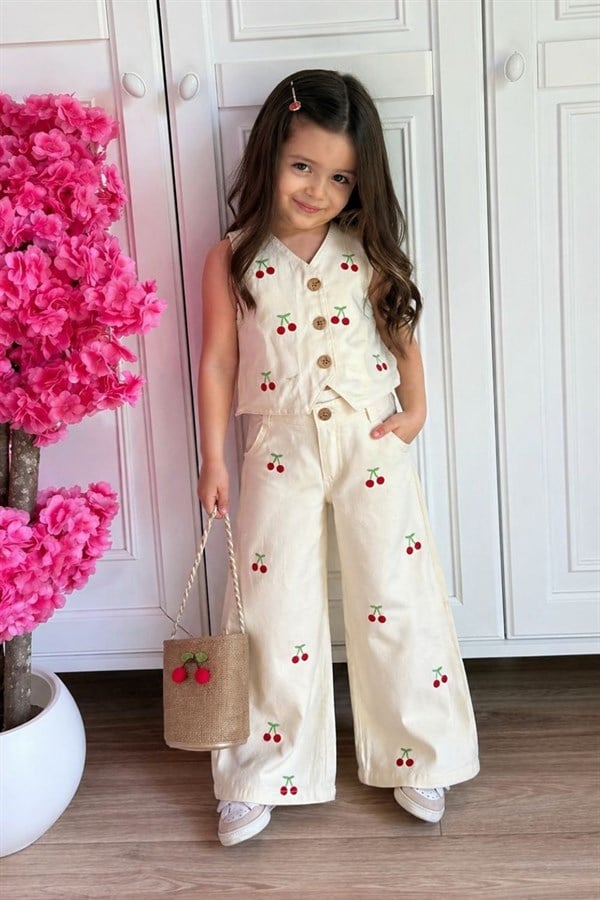 Kız Çocuk Çanta Dahil Kirazlı Yelek Takım