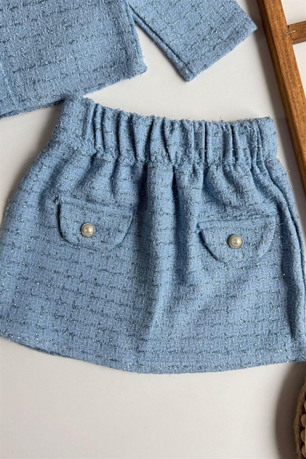 Kız Çocuk Çantalı Tüvit Ceket Etek Mavi Takım