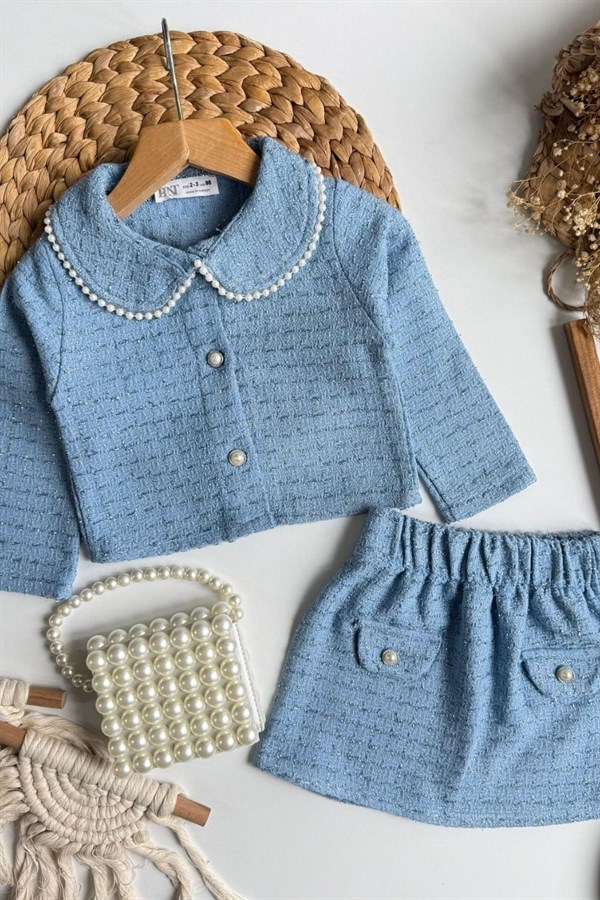 Kız Çocuk Çantalı Tüvit Ceket Etek Mavi Takım