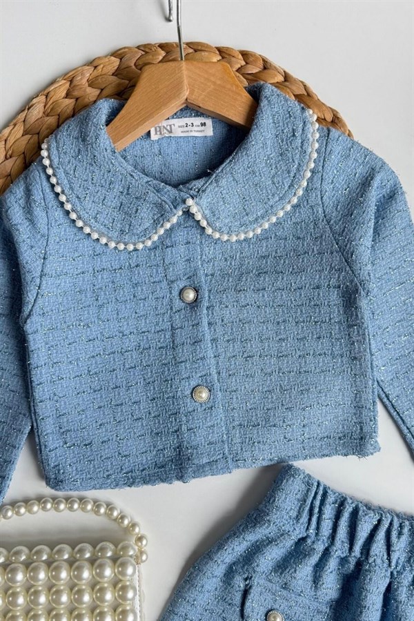 Kız Çocuk Çantalı Tüvit Ceket Etek Mavi Takım