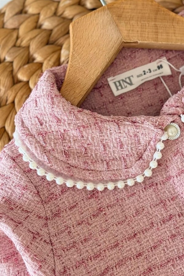 Kız Çocuk Çantalı Tüvit Ceket Etek Pembe  Takım
