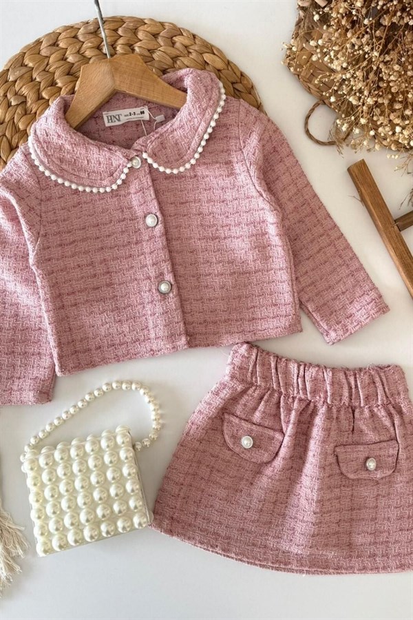 Kız Çocuk Çantalı Tüvit Ceket Etek Pembe  Takım