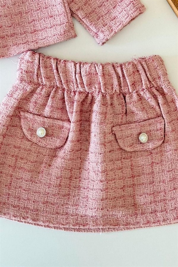 Kız Çocuk Çantalı Tüvit Ceket Etek Pembe  Takım