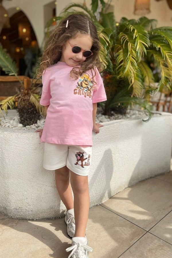 Kız Çocuk Capybara Pembe Beyaz Şortu Takım