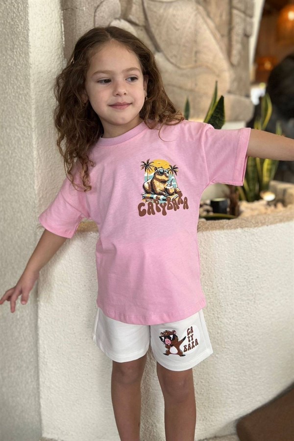 Kız Çocuk Capybara Pembe Beyaz Şortu Takım