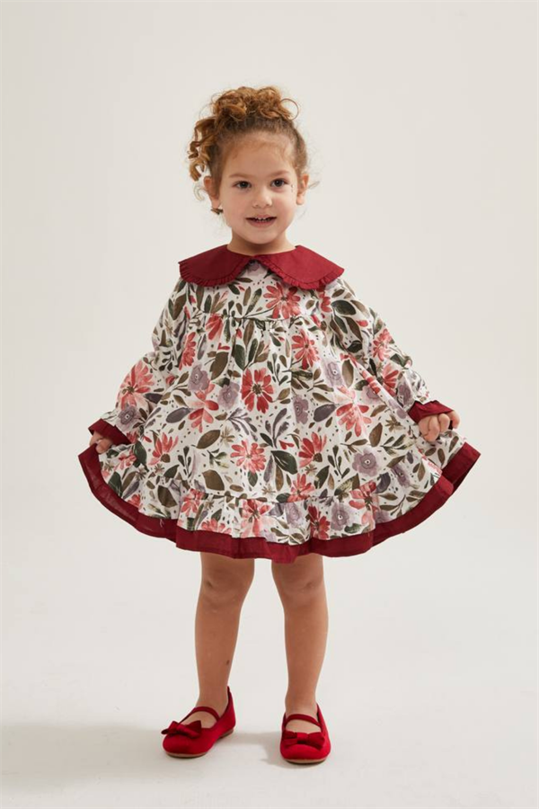 Kız Çocuk Çiçekli Bordo Elbise