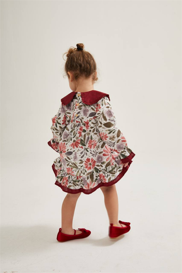 Kız Çocuk Çiçekli Bordo Elbise