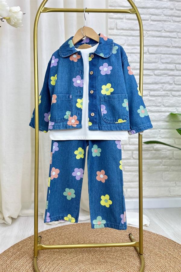 Kız Çocuk Çiçekli Denim Takım
