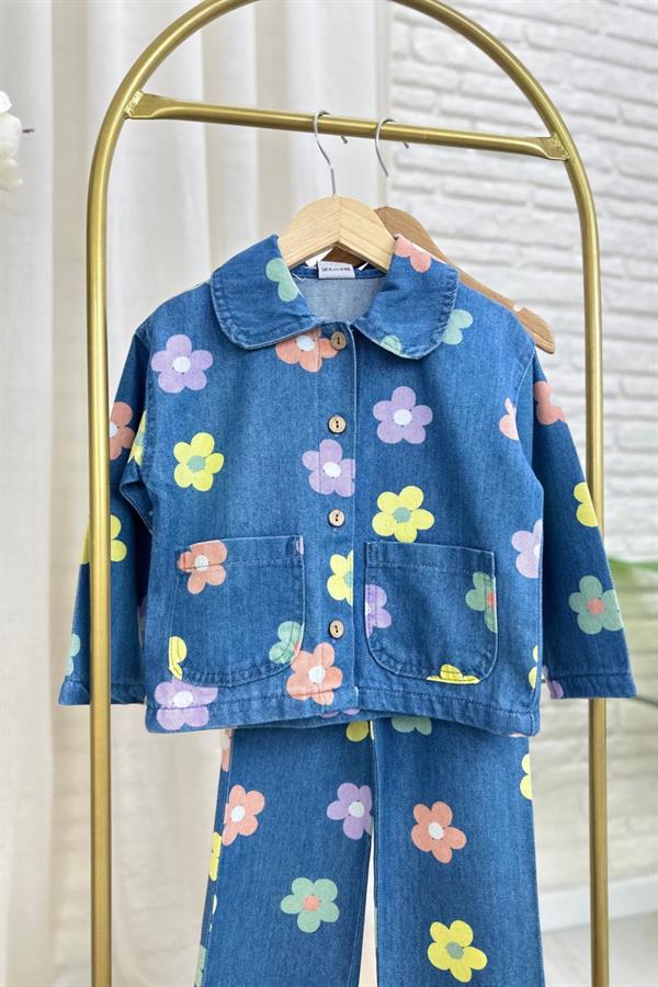 Kız Çocuk Çiçekli Denim Takım