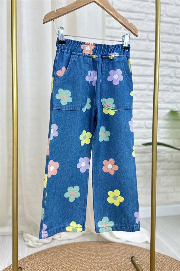 Kız Çocuk Çiçekli Denim Takım