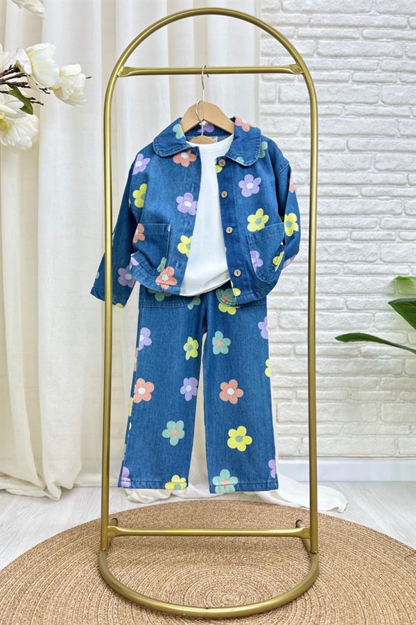 Kız Çocuk Çiçekli Denim Takım