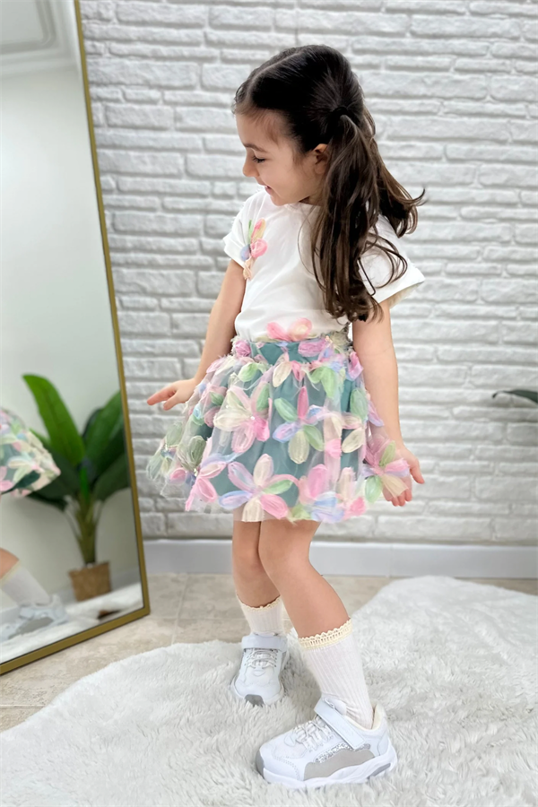 Kız Çocuk Çiçekli Etek Beyaz Bluz Takım