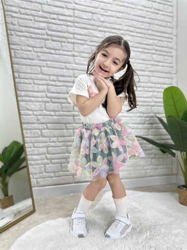 Kız Çocuk Çiçekli Etek Beyaz Bluz Takım