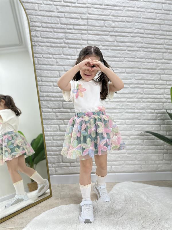 Kız Çocuk Çiçekli Etek Beyaz Bluz Takım