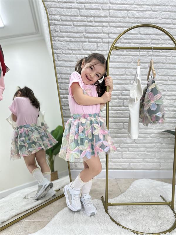 Kız Çocuk Çiçekli Etek Pembe Bluz Takım