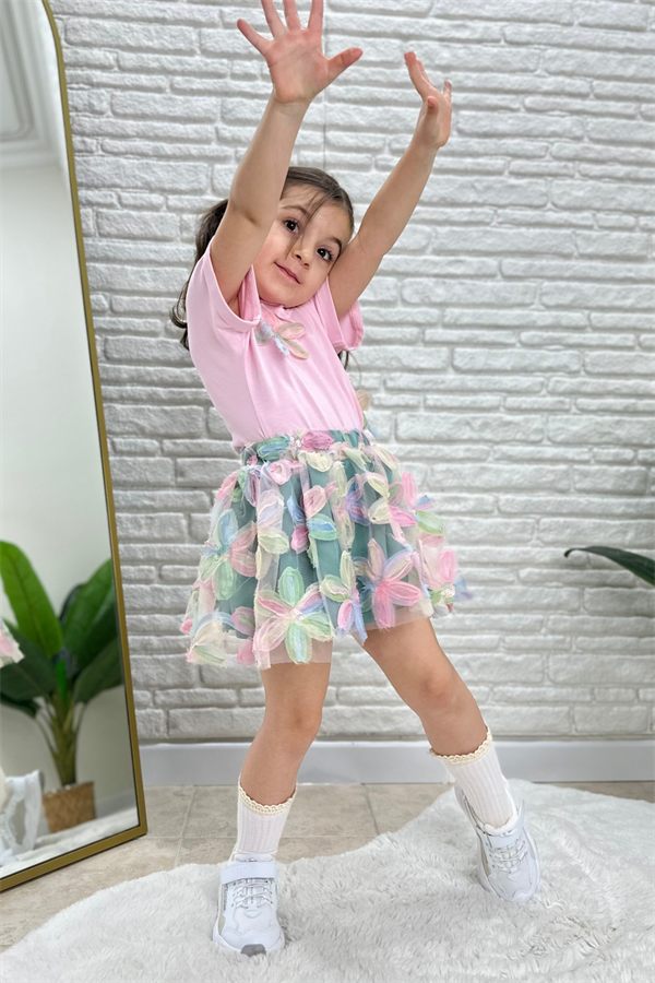 Kız Çocuk Çiçekli Etek Pembe Bluz Takım