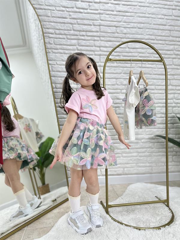 Kız Çocuk Çiçekli Etek Pembe Bluz Takım