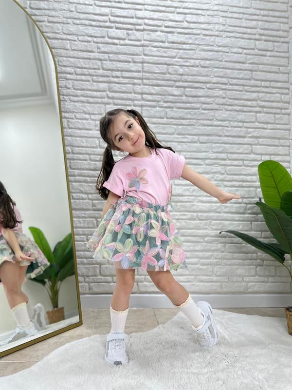 Kız Çocuk Çiçekli Etek Pembe Bluz Takım